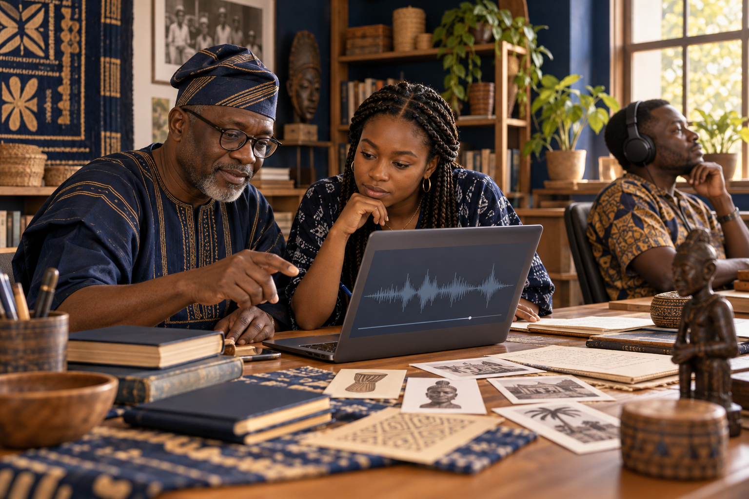 AI-generated imagined workshop: three adults listening to a recording and reviewing cultural source materials together