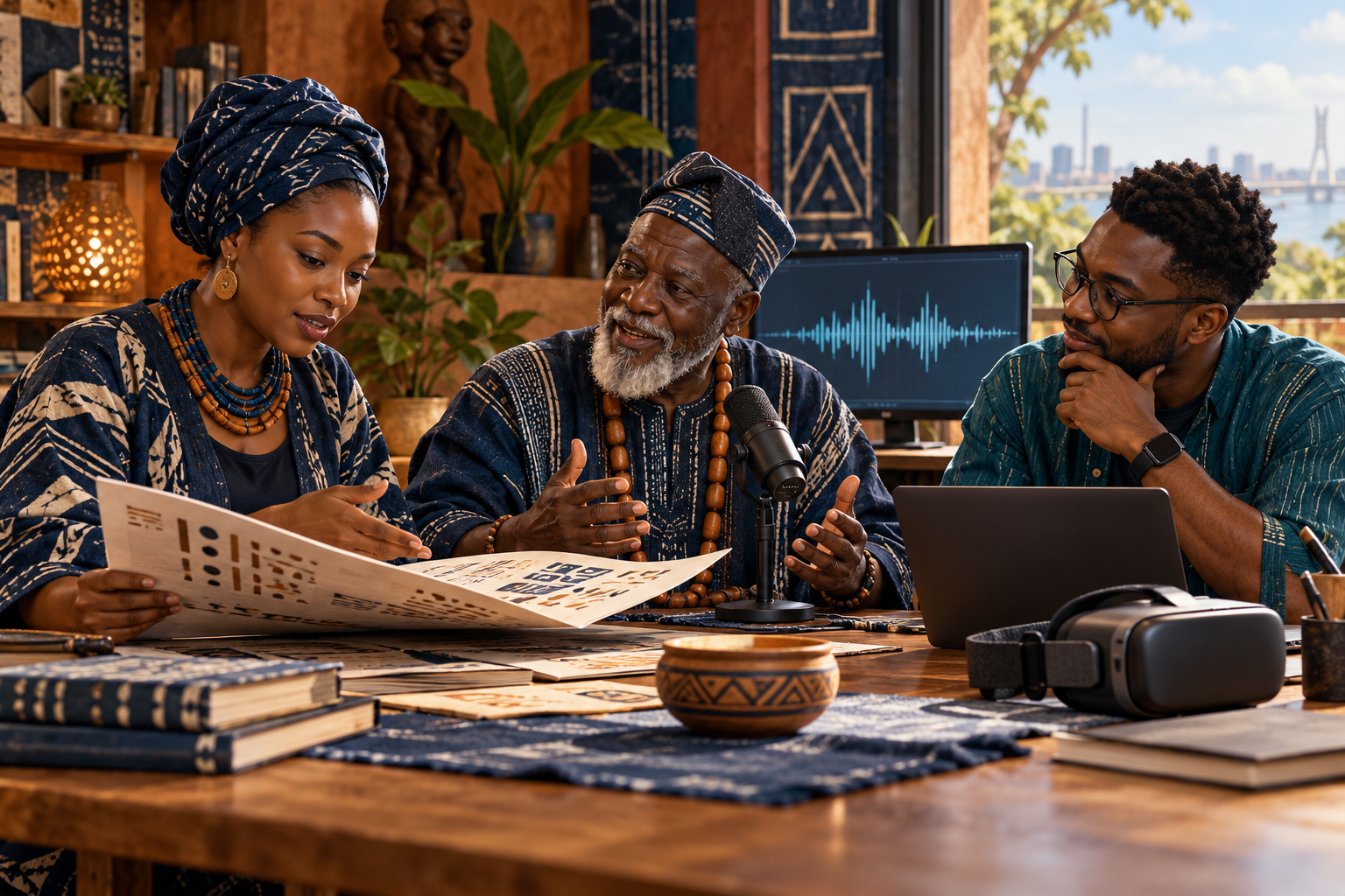 AI-generated concept illustration of adult collaborators reviewing a cultural recording and digital learning materials in an imagined studio