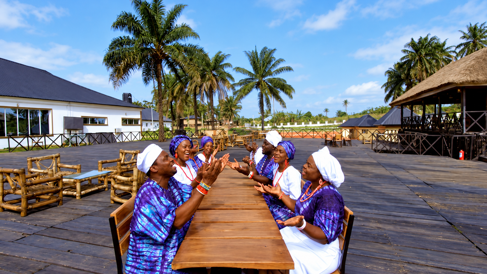 Team Definition performers singing around a wooden table, with palms and buildings behind them; AI-cleaned thumbnail.