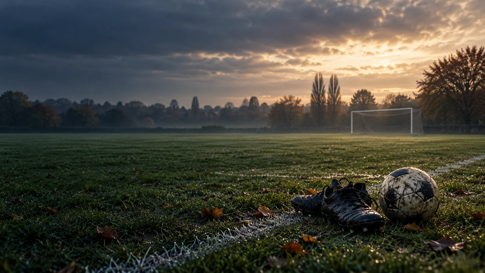 Illustrative empty football pitch, boots and ball