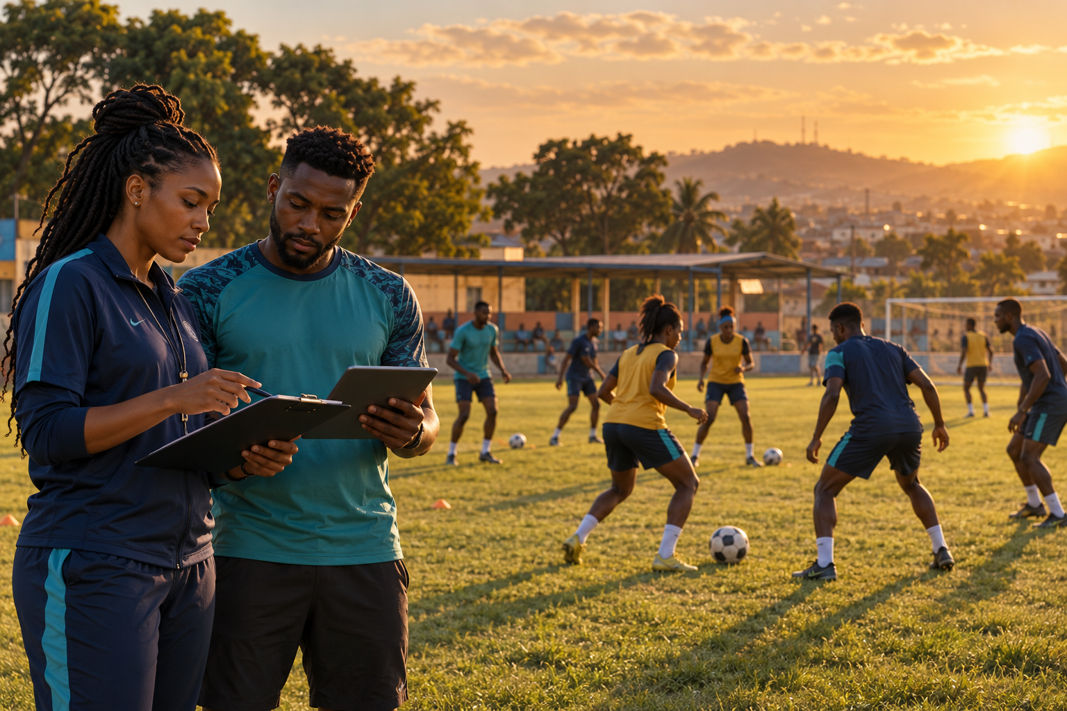 AI-generated concept illustration of adult players training on an imagined West African community pitch, with a coach and analyst reviewing notes