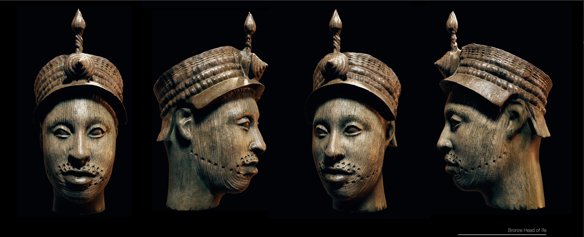 Four full views of a sculpted Ifẹ̀ head showing its crown, facial detailing and profile