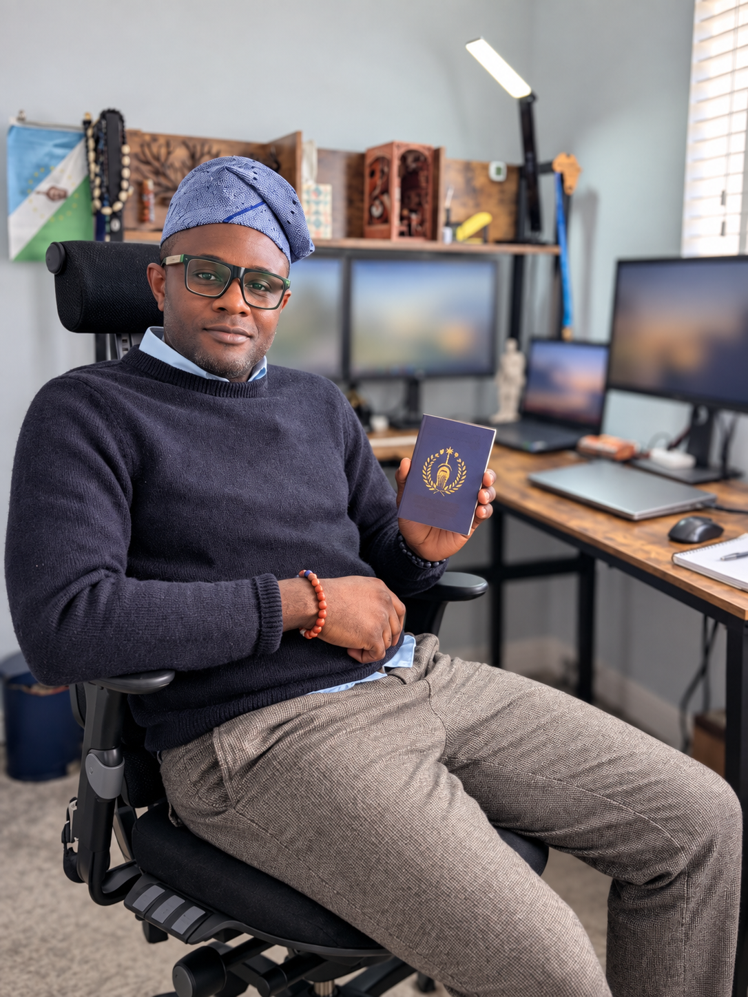 Ọlálékan seated in a cap and glasses, holding a dark blue Odùduwà Nation diplomatic passport; the computer screens behind him are blurred