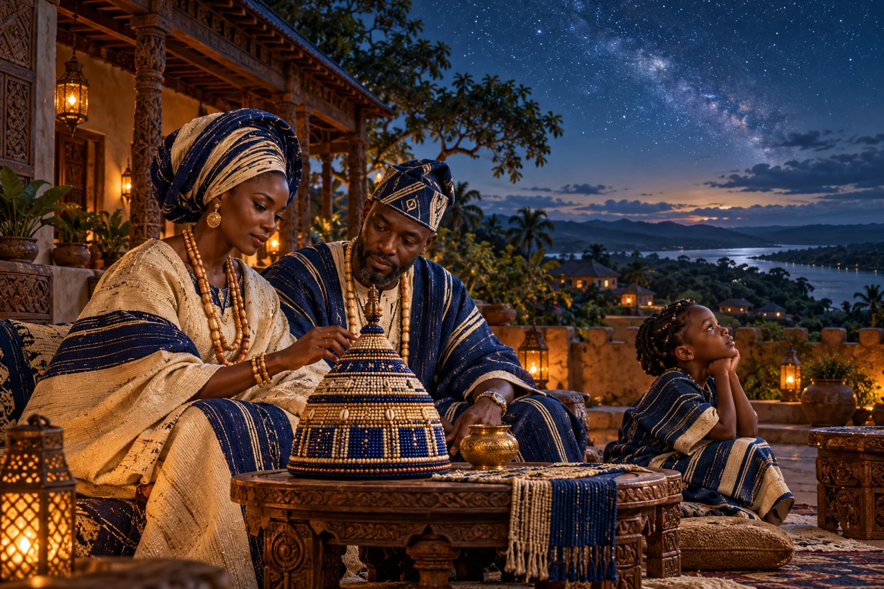 A family sits beside a beaded conical vessel beneath a wide night sky.