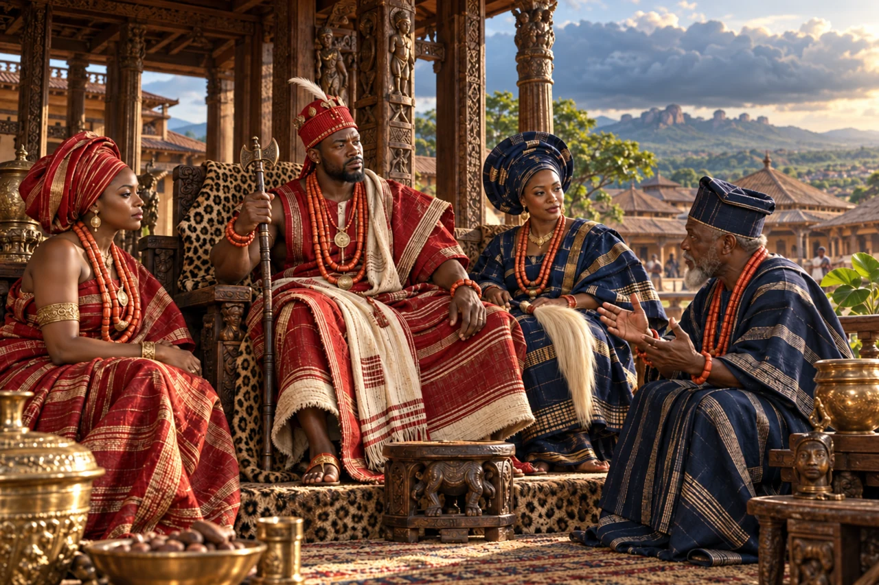 A symbolic Ṣàngó figure in red and white sits in an open royal courtyard with advisers and a double-axe motif.