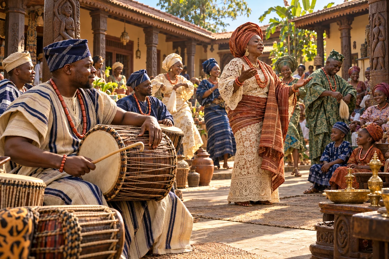 Drummers, an oríkì reciter and dancers fill a sunlit courtyard with richly woven clothing and movement.