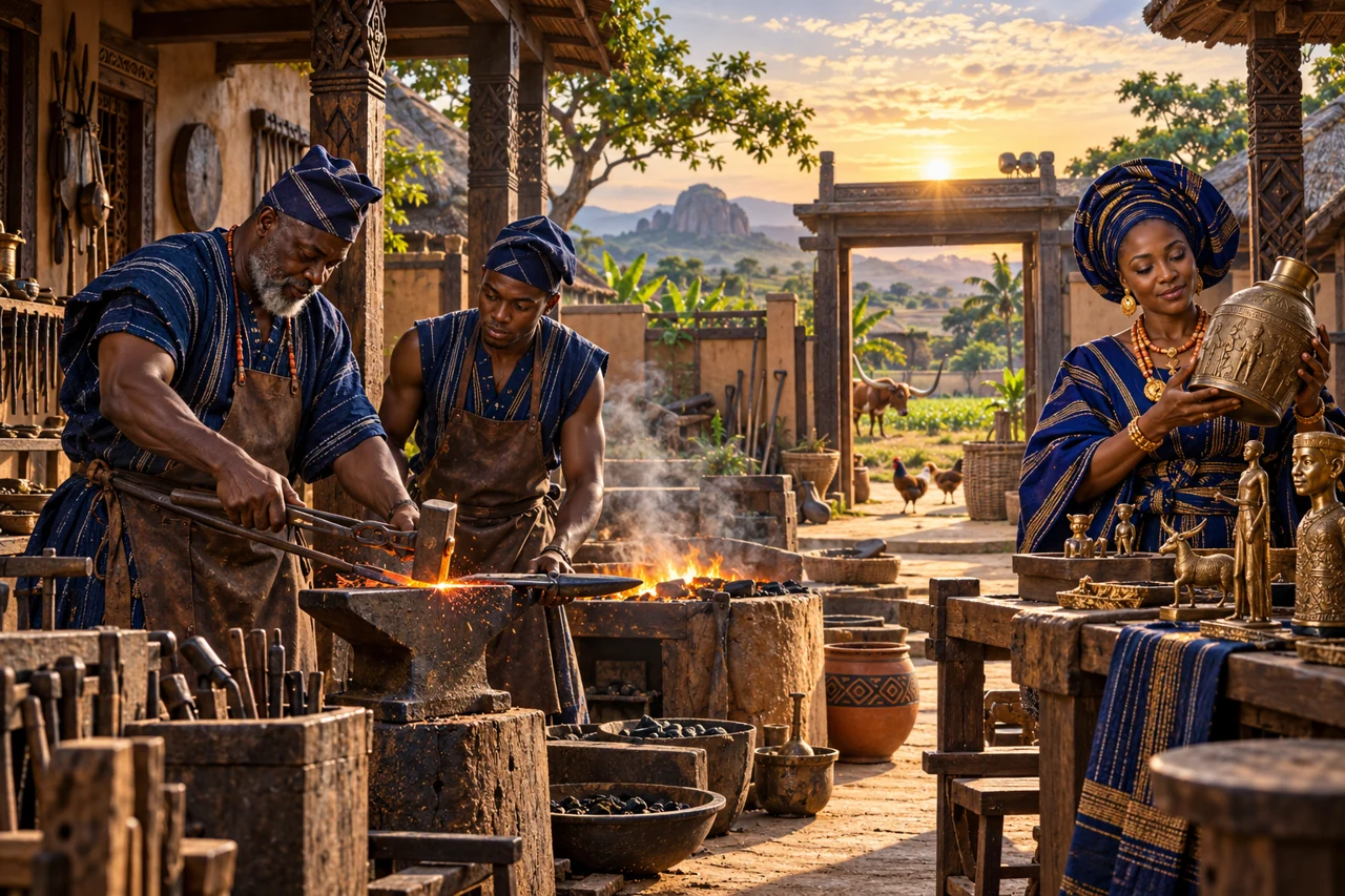 A blacksmith and apprentice work near a gentle forge while a woman examines a cast vessel.