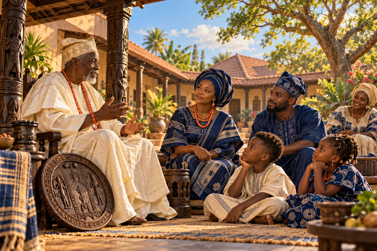 An elder, adults and children gather beneath carved verandas in an imagined Yorùbá courtyard.