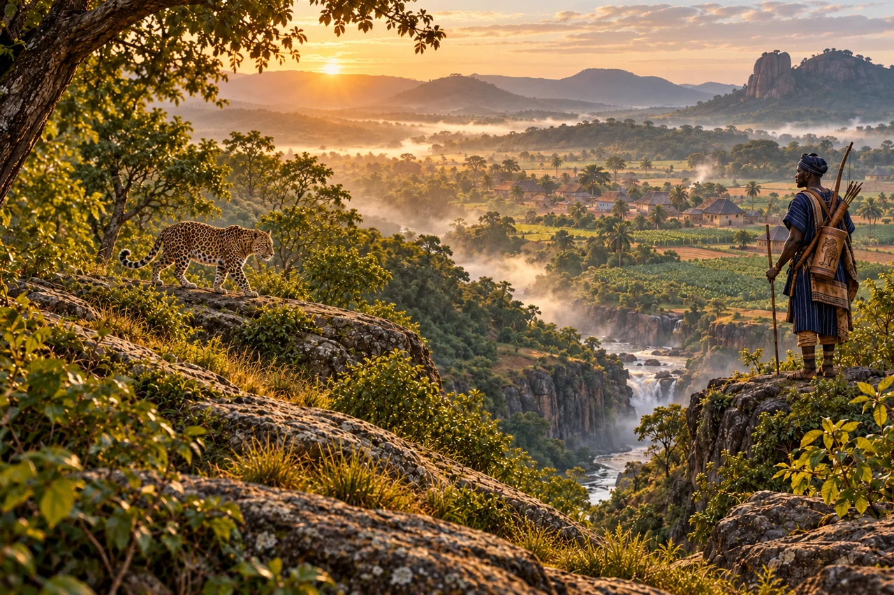 A leopard moves across a rocky forest ledge; a hunter, cultivated plots and distant hills occupy the wider landscape.