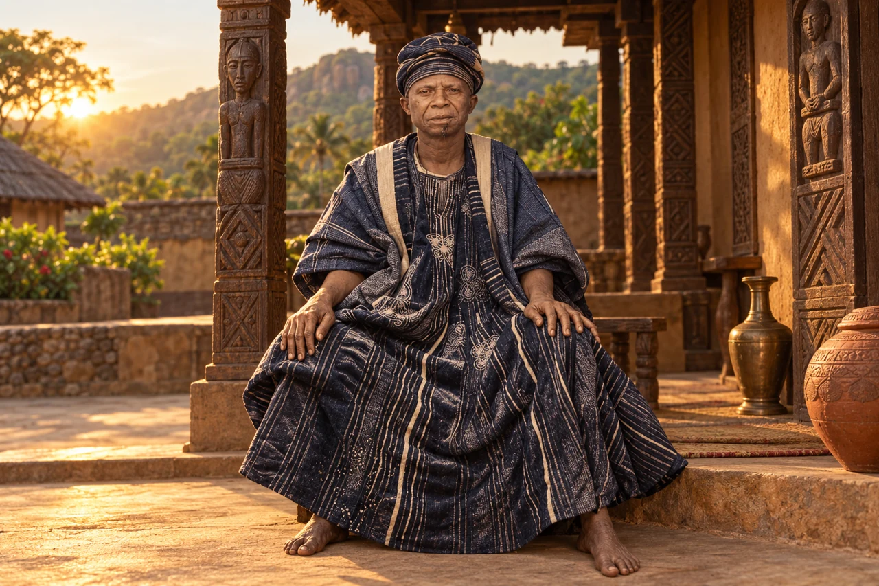 An elderly Ògèdèngbé-inspired figure in indigo clothing sits beneath a carved veranda.