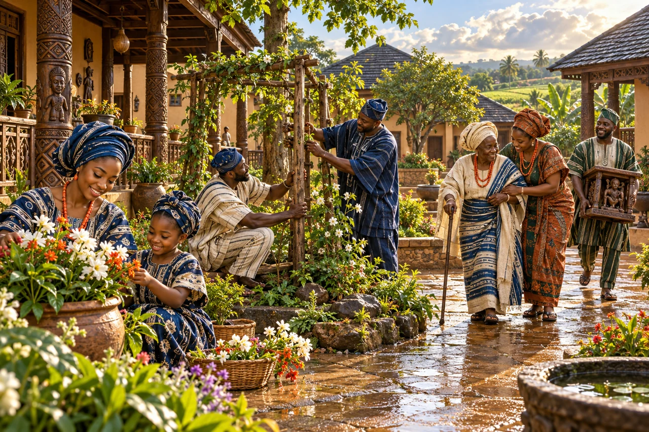 Neighbours repair a courtyard trellis after rain while an elder and a child share the space.