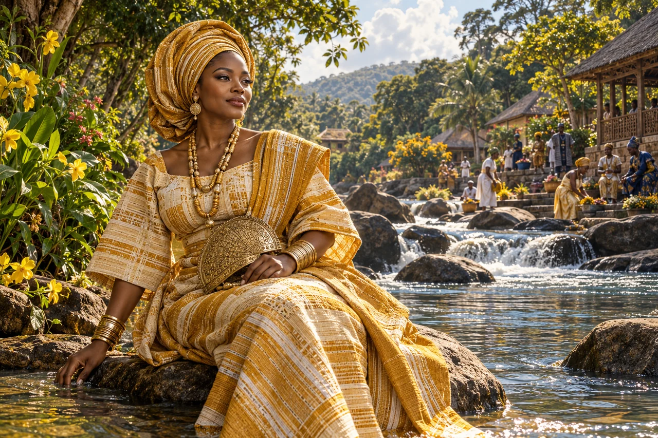 A gold-clad symbolic Ọ̀ṣun figure stands beside a forest river holding a fan.