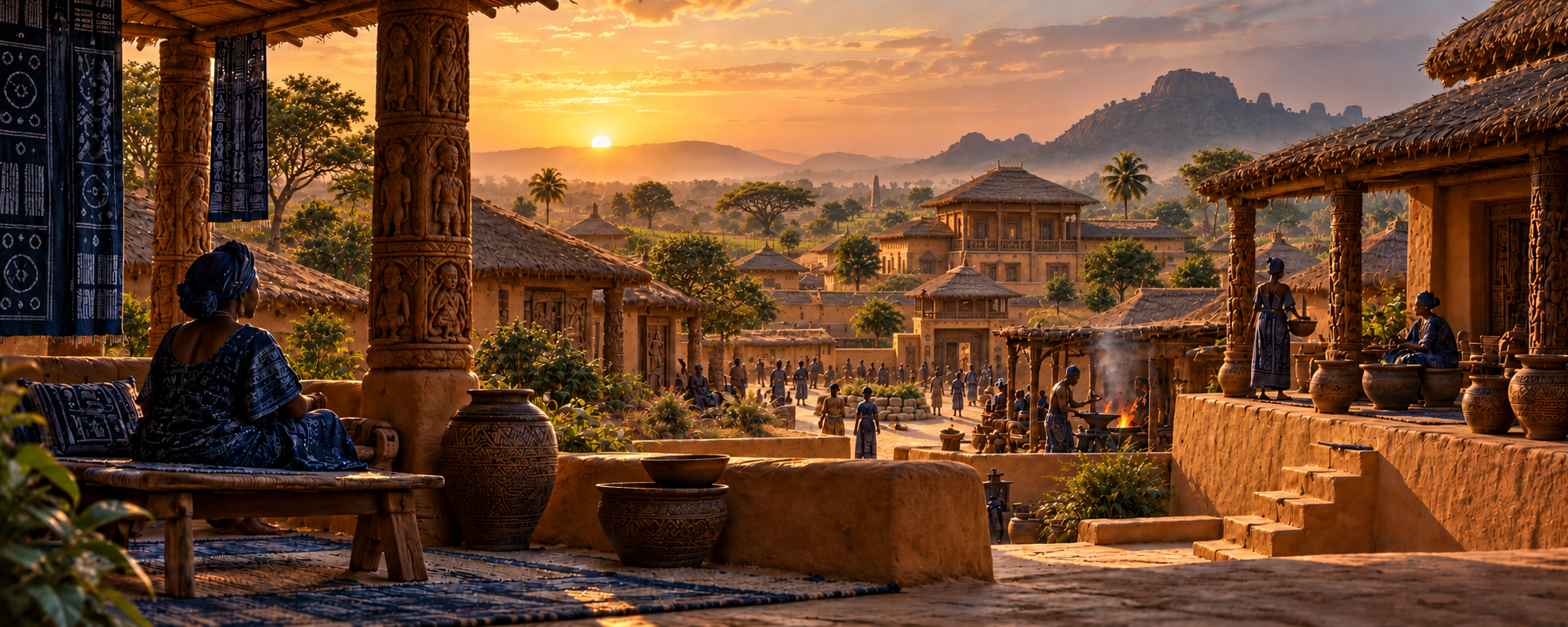 Imagined Yorùbá settlement at dawn: a grand àgbò-ilé courtyard compound with an elevated residence and carved verandas, a working forge and cultivated fields; a small Ọ̀pá Ọ̀rànmíyàn-inspired stone stands far beyond the town beneath wooded hills.