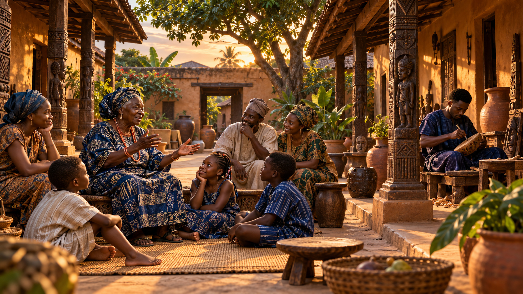 Imagined Yorùbá courtyard with an elder storyteller, children, adults and a craftsperson