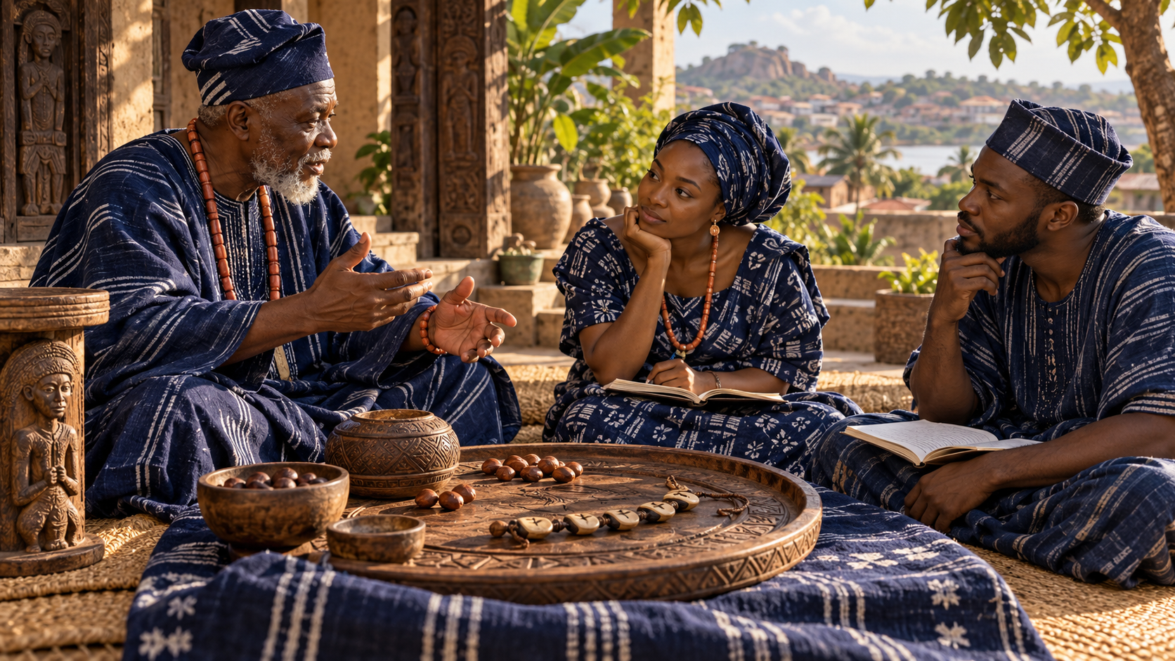 Imagined courtyard scene of an elder teacher discussing Ifá with two adult learners
