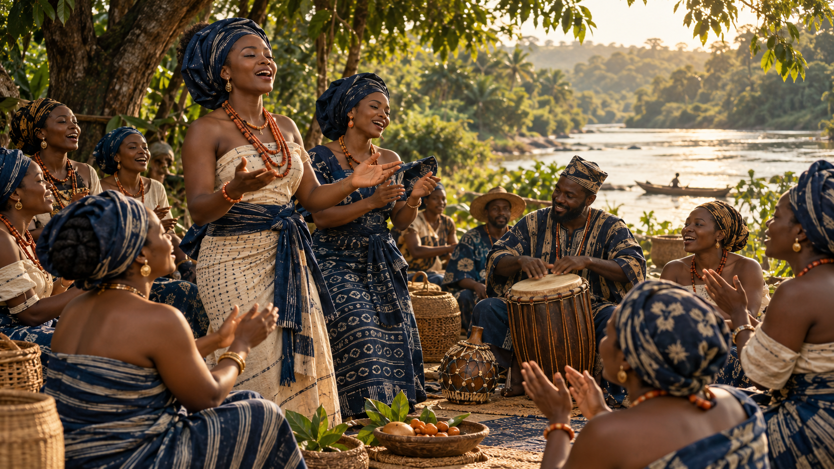 Imagined riverside gathering with singers, listeners and a drummer