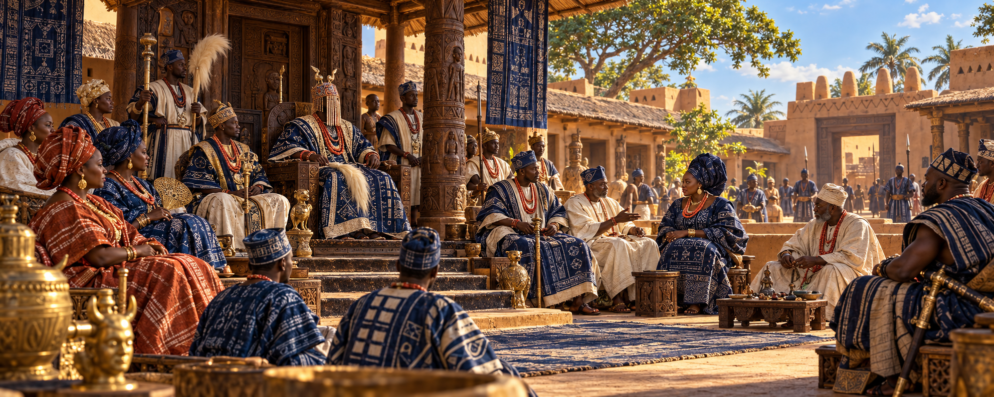 Imagined Yorùbá royal court: a beaded king enthroned beneath carved wooden verandas, with richly dressed women and nobles, an elder beside a divination tray, brass vessels and a sunlit courtyard open to trees and sky.