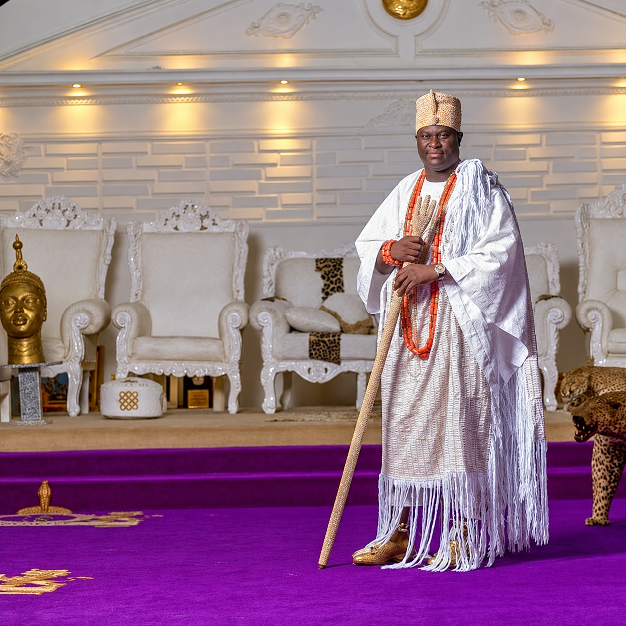 Oòni of Ilé-Ifẹ̀ in white regalia, holding a staff in a palace interior