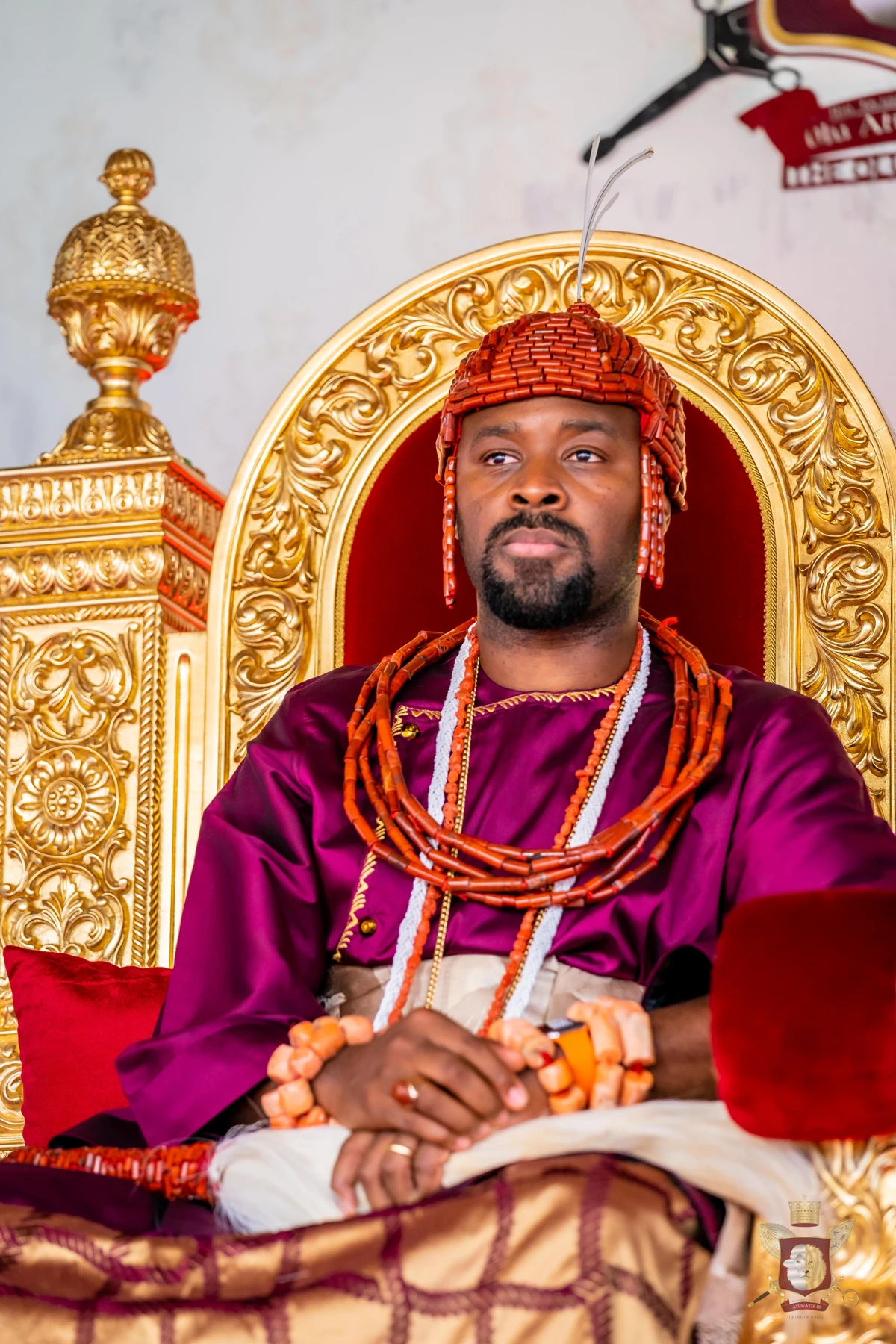 Ogiame Atuwatse III — Olu of Warri, seated in royal regalia