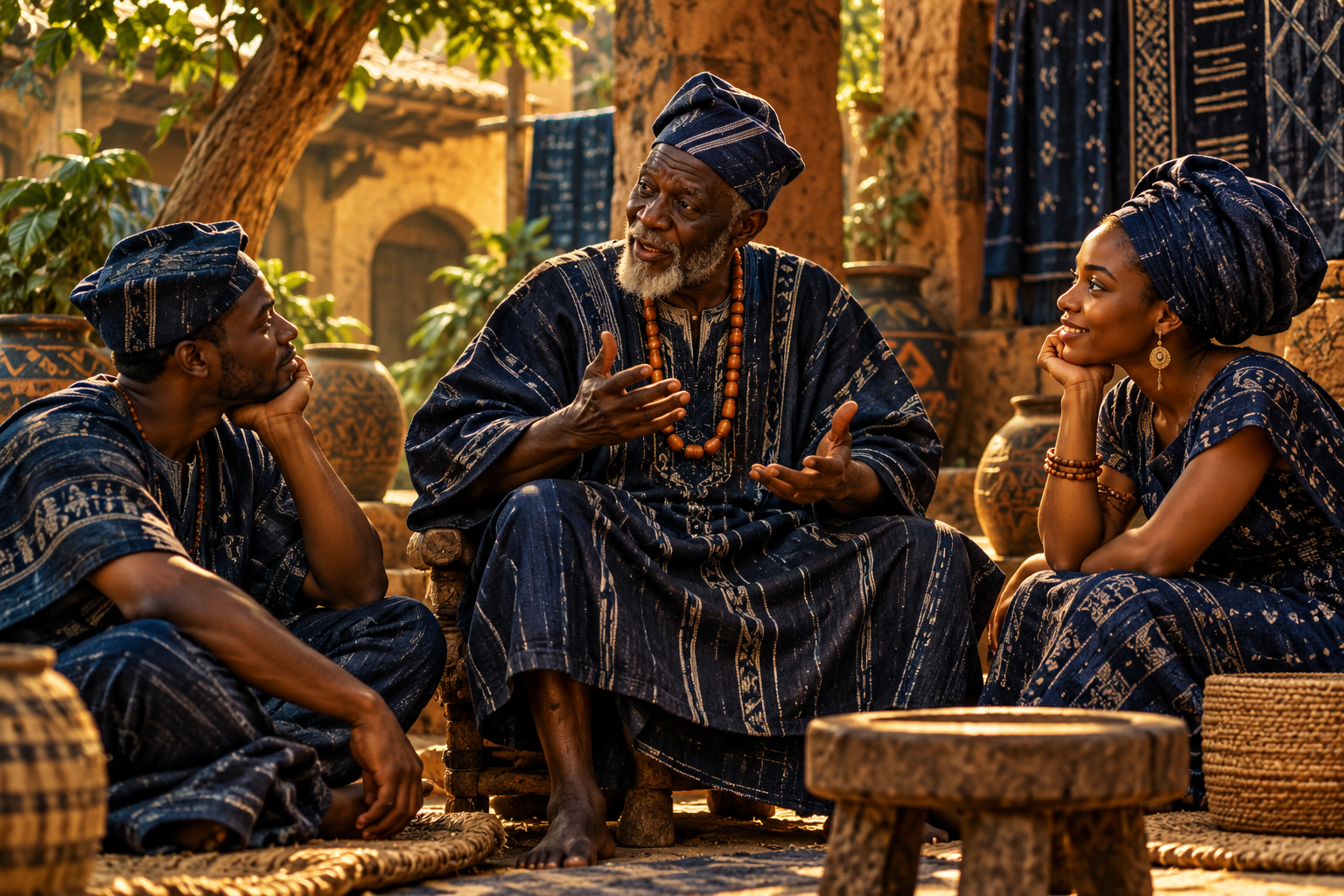 Interpretive artwork of a Yorùbá elder sharing a story with two young adult listeners in a shaded courtyard.