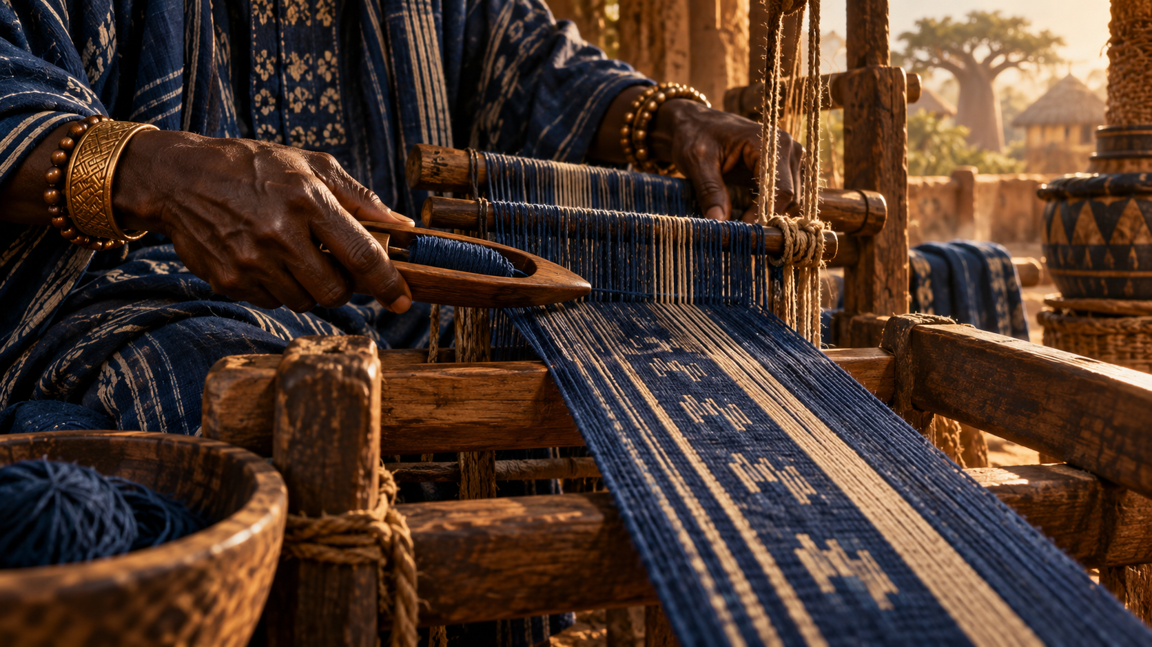 Interpretive AI artwork of indigo cloth being woven