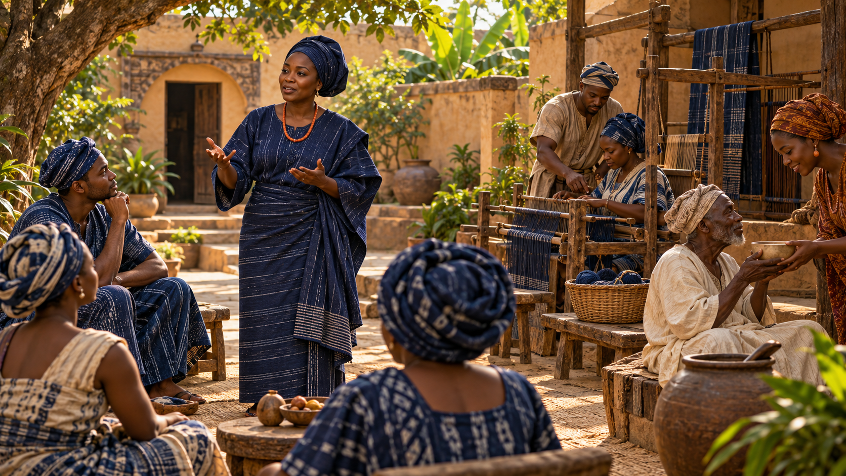 Interpretive illustration of a Yorùbá courtyard: a woman speaks to attentive listeners, a craftsperson teaches weaving, and a neighbour offers an elder water