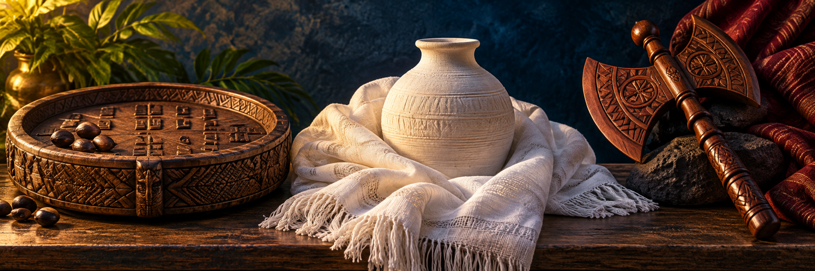 Interpretive still life of an Ifá tray and palm nuts, white cloth and a clay vessel, and a double-axe staff