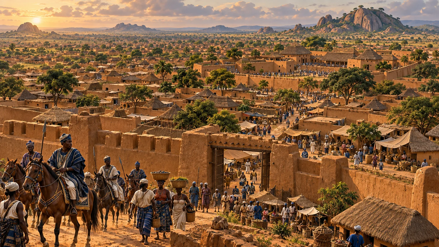 Artistic reconstruction of a bustling earthen Ọ̀yọ́-Ilé, with courtyard compounds, markets and horsemen by a city gateway