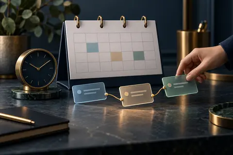 Concept illustration of calendar cards and a clock, representing meeting coordination.