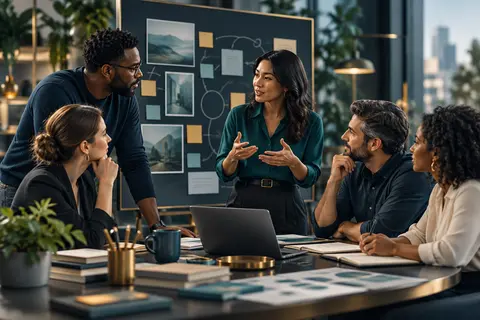 Illustration of an imagined analyst team collaborating around a work board.