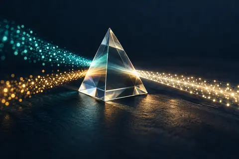 Concept illustration of scattered light becoming a clear path through a prism.